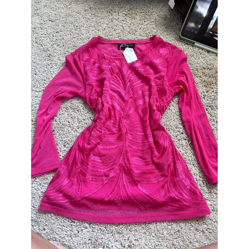 Hot Pink Mesh Top INC Sheer Embroidered Scroll Long Sleeve Blouse PM Y2K Barbie